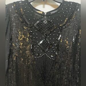 Vintage Judith Ann Elegant Black Silk Sequined Evening Gown Balloon Sleeve SMALL